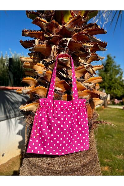 Handream Büzgülü, Pembe Beyaz Puantiyeli Tote Bez Omuz Çantası