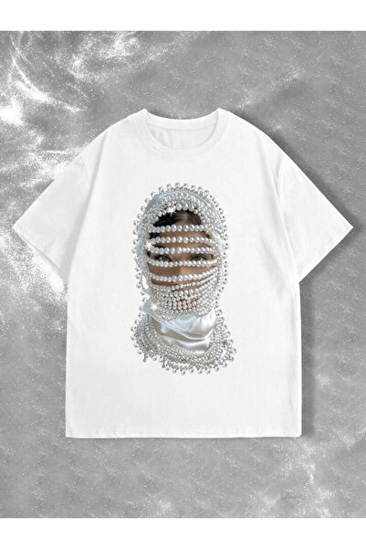 NoVibe Unisex γυναικείο κοντομάνικο μπλουζάκι με στάμπα με πέρλες - 100% βαμβάκι