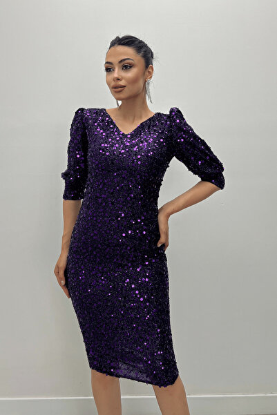giyimmasalı Rochie cu decolteu în V din țesătură cu paiete - violet