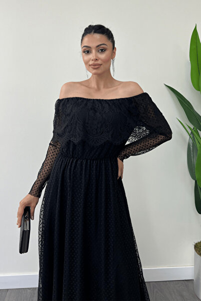 giyimmasalı Elastic Waist Lace Dress - Black