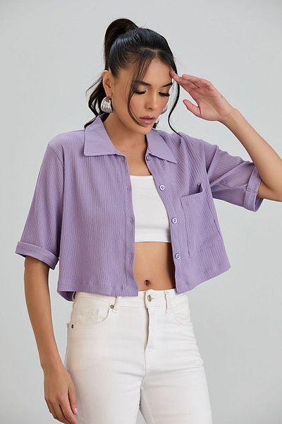 Space Fashion Cămașă de damă Lilac Crop - țesătură înfășurată, buzunar cu nasturi