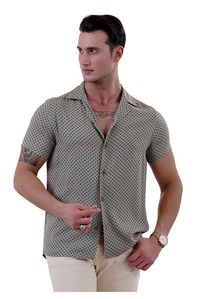 Exve Exclusive Khaki Green Black Polka Dot Oversize Relaxed Fit Short Sleeve Loose Shirt