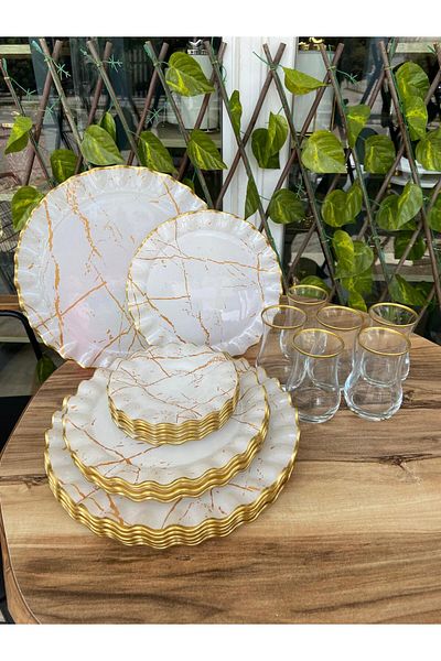 GÜRCÜGLASS 24 Piece White Marble Breakfast Set