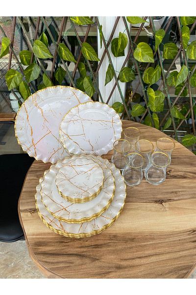 GÜRCÜGLASS 24 Piece White Marble Breakfast Set