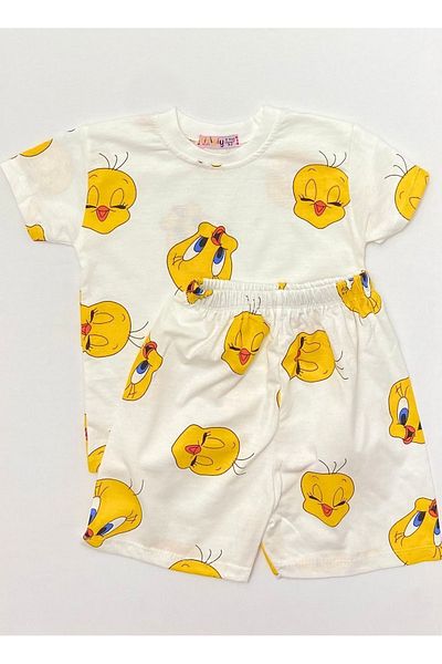 Butik Tweety Printed Girl's Cotton Pajama Set - Crew Neck and Elastic Waist Shorts