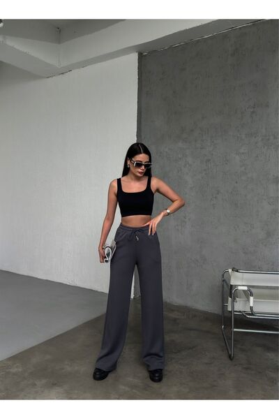 Babelook Kadın Antrasit Modal Kumaş Bol Paça Beli Bağcıklı Yüksek Bel Palazzo Eşofman Altı