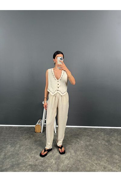 Le Savu Beige Premium Muslin Trousers - Fringed Leg