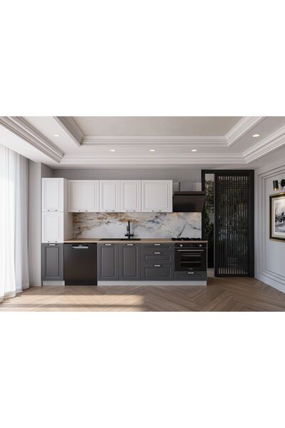 visasconcept 300 Cm Mdf Gövde Membran Kapak Üç Çekmeceli Pelin Hazır Mutfak - Antrasit - Beyaz(TEZGAH DAHİL)