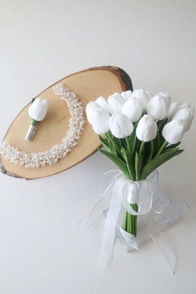 Alina Aksesuar Beyaz Islak Lale Gelin Buketi  Ve El Yapımı Zarif Düğün Nişan Gelin Tacı Saç Aksesuarı