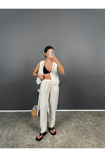Le Savu Shilsee Premium White Muslin Trousers - Fringed and Legs