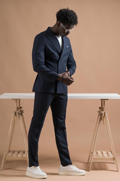 Carutte Pointed Collar Slimfit Double-breasted Suit - Double Pleated Texture