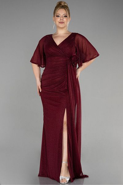 Efelif Short Sleeve Slit Long Glitter Plus Size Evening Dress ABU39821