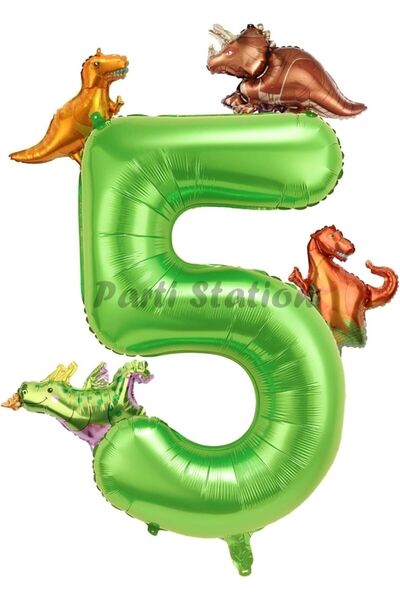 Parti Station Dinozor Konsept Yeşil Rakam 5 Yaş Balon Yeşil Renk Dinazor Yaş Balon Uçan Helyum Sayı Balon