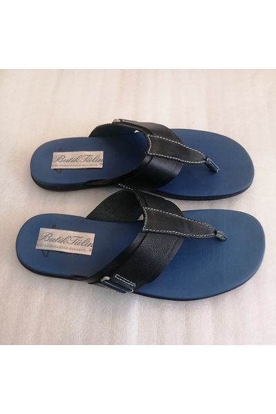 Butik Tülin جلد عجل أصلي للجنسين باللون الأزرق الداكن - شبشب مطاطي غير قابل للانزلاق