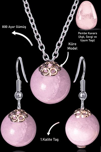 Tesbih Atölyesi Pink Quartz Stone Globe Model Necklace and Earring Set - Light Color
