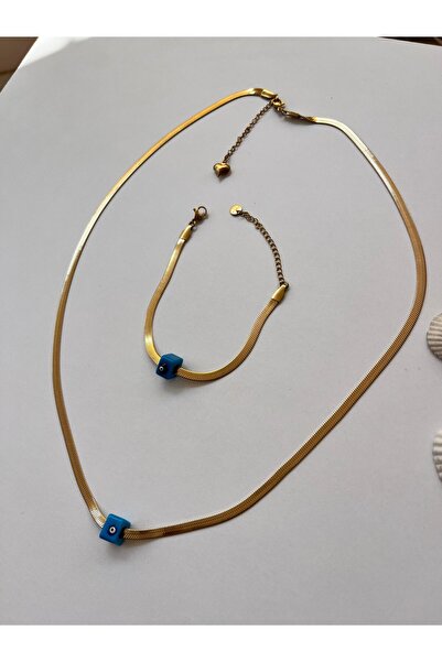 Sepetten Eve Nazar Boncuklu 60 cm Italyan Zincir Çelik Kolye ve Bileklik Set Kararmaz Solmaz