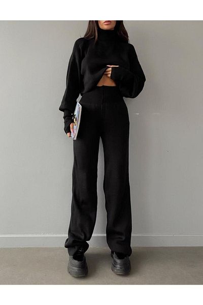 munora butik Women's Turtleneck Top and Bottom Finger Sartre Set