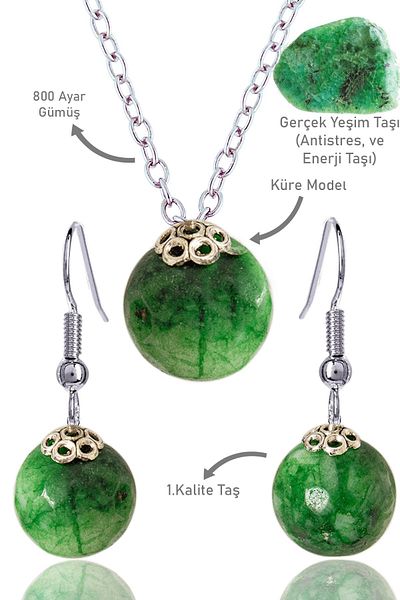 Tesbih Atölyesi Jade Globe Model Necklace and Earring Set - Silver Apparatus