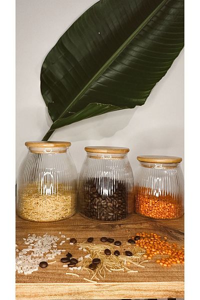 Luca Mia Striped Glass Jar Set with Bamboo Lid