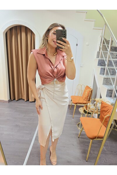 Butik Pudra Rengi Kapaklı Etek