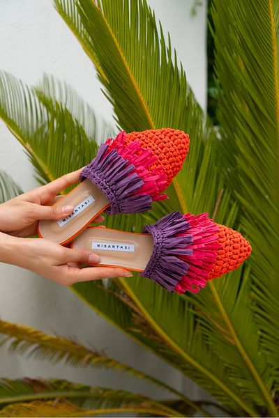 NİŞANTAŞI SHOES Viana Pomarańczowe, dzianinowe, fioletowe, fuksjowe klapki damskie z frędzlami
