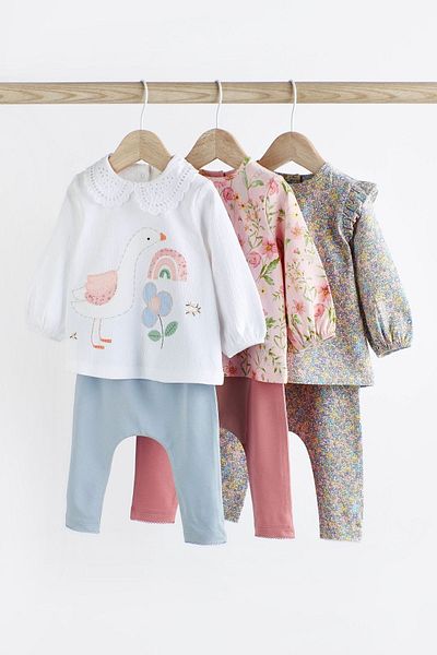 Next Baby 100% Cotton Pink Cream Flower Duck Patterned 3-Piece Top and Bottom Set