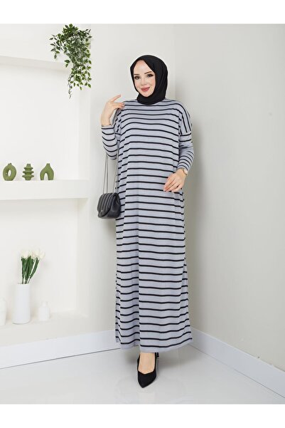 MODAMÜNASİP Φορέστε το υπέροχο μας χτενισμένο βαμβακερό ριγέ φόρεμα που δεν αναγνωρίζει τη γραμμή της μέσης