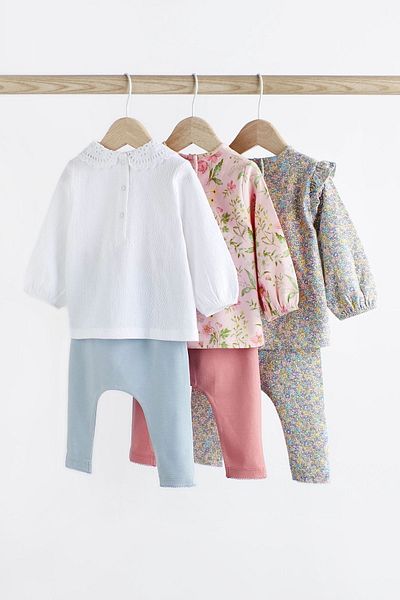 Next Baby 100% Cotton Pink Cream Flower Duck Patterned 3-Piece Top and Bottom Set