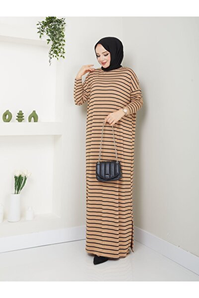 MODAMÜNASİP Φορέστε το υπέροχο μας χτενισμένο βαμβακερό ριγέ φόρεμα που δεν αναγνωρίζει τη γραμμή της μέσης