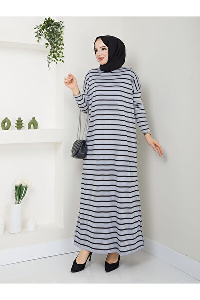 MODAMÜNASİP Φορέστε το υπέροχο μας χτενισμένο βαμβακερό ριγέ φόρεμα που δεν αναγνωρίζει τη γραμμή της μέσης