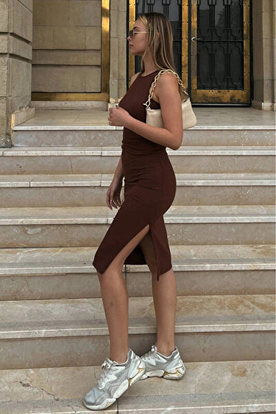 Zechka Kadın Kahverengi Midi Boy Kalem Elbise (ZCK0486)