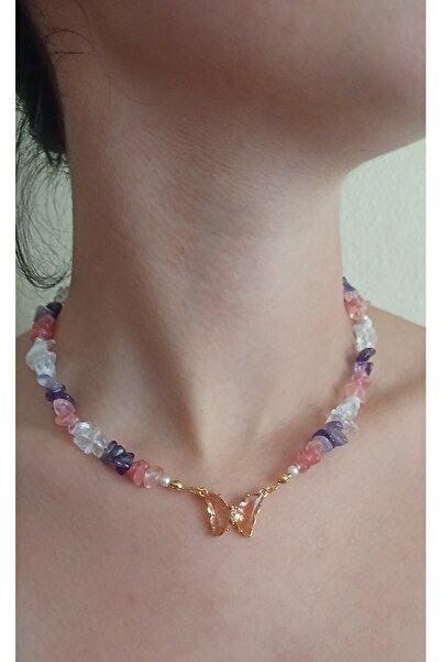 Mudita Tasarım Doğal Ametist, Kuvars,aytaşı Karışık Pembe Kelebek Kolye