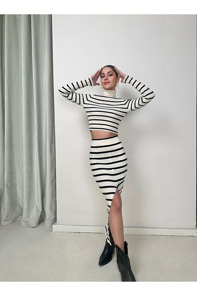 munora butik Turtleneck Striped Bottom Top White Suit