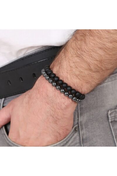 Mystic Energy Certified Natural Stone Onix (Onix) Hematite Set of 2 Bracelets |   Gift Natural Stone