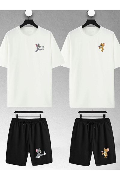 MATK MODASI Unisex Tom And Jerry Printed Oversize T-Shirt and Shorts - Couple Combination, Lover 4-Piece Set