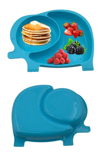 safestore Cute Elephant Model Patterned Food Baby Food Container and Plate with Compartment for Baby and Child Blue