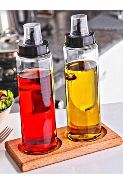 safestore 2 Pieces 500 ml Oil Pot with Wooden Base Stand Non-Drip Smart Glass Oil Pot