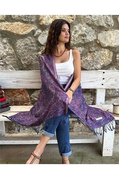 ByEnBi Navy Blue Pink Pashmina Shawl - 70x185, 50% Modal Silk