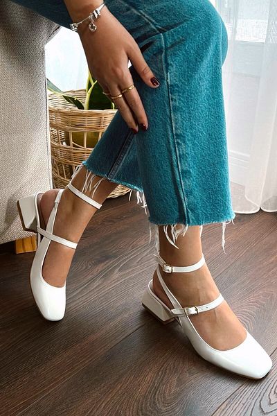 POLKA STORE Women's Mary Jane White Patent Leather Open Back Square Toe Helmet Short Block Heeled Shoes