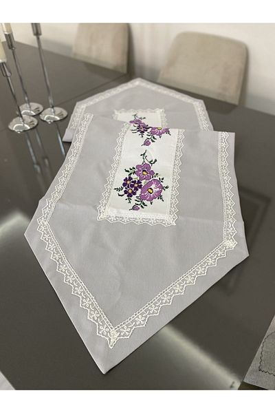 Parla Life Cross Stitch Embroidered Gray Linen Runner (Special Size Made)