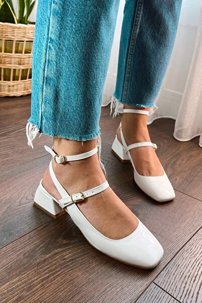 POLKA STORE Women's Mary Jane White Patent Leather Open Back Square Toe Helmet Short Block Heeled Shoes