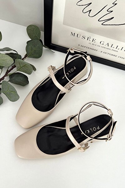 POLKA STORE Women's Mary Jane Beige Nude Tan Matte Leather Open Back Square Toe Short Block Heeled Shoes with Hard Hat