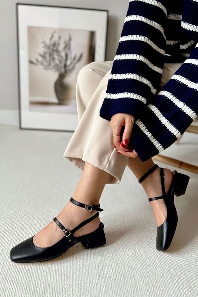 POLKA STORE Women's Black Matte Leather Mary Jane Short Block Heeled Shoes