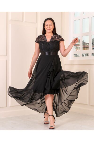 Butik Nilyam Rochie de seară pentru femei, cu decolteu în V, cu detaliu din dantelă, cu detaliu din șifon, cu centură de jos 24077