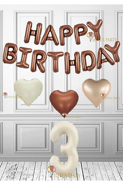 LOTUS PARTY 3 Ηλικίες Happy Birthday Brown Foil Balloon - Καφέ Καρδιά και Κρεμ Χρώμα Foil Balloon