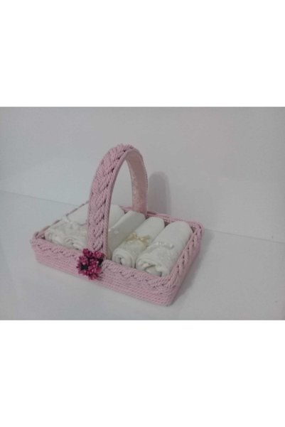 FNT Knitted Handle Towel Basket 30*50 cm 5 Pieces Cotton Scalloped Bow Towel