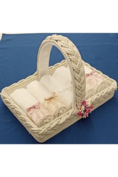 FNT Knitted Handle Towel Basket 30*50 cm 5 Pieces Cotton Scalloped Bow Towel