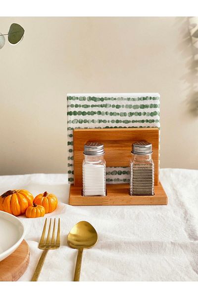 NOBLERAVEN DESIGN Curved Glass Square Salt and Pepper Shakers, Wooden Napkin Holder, Wooden Salt and Pepper Shakers, Wooden Spice Shakers,