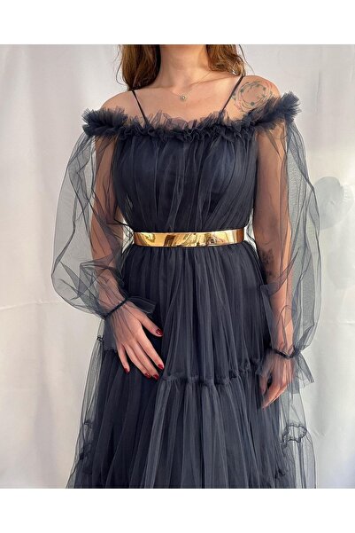 FASHİONCLUB Kadın Lacivert Tamamı Tül Uzun Boy Uzun Kol Düğün Nişan Kına Isteme Davet Abiye Elbise