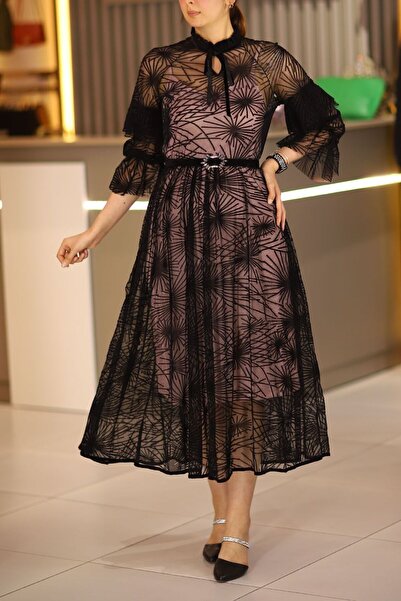 degaje Kadın Siyah Midi Boy Dantel Detaylı Abiye Düğün Nişan Kına Mevlüt Gece Davet Elbise